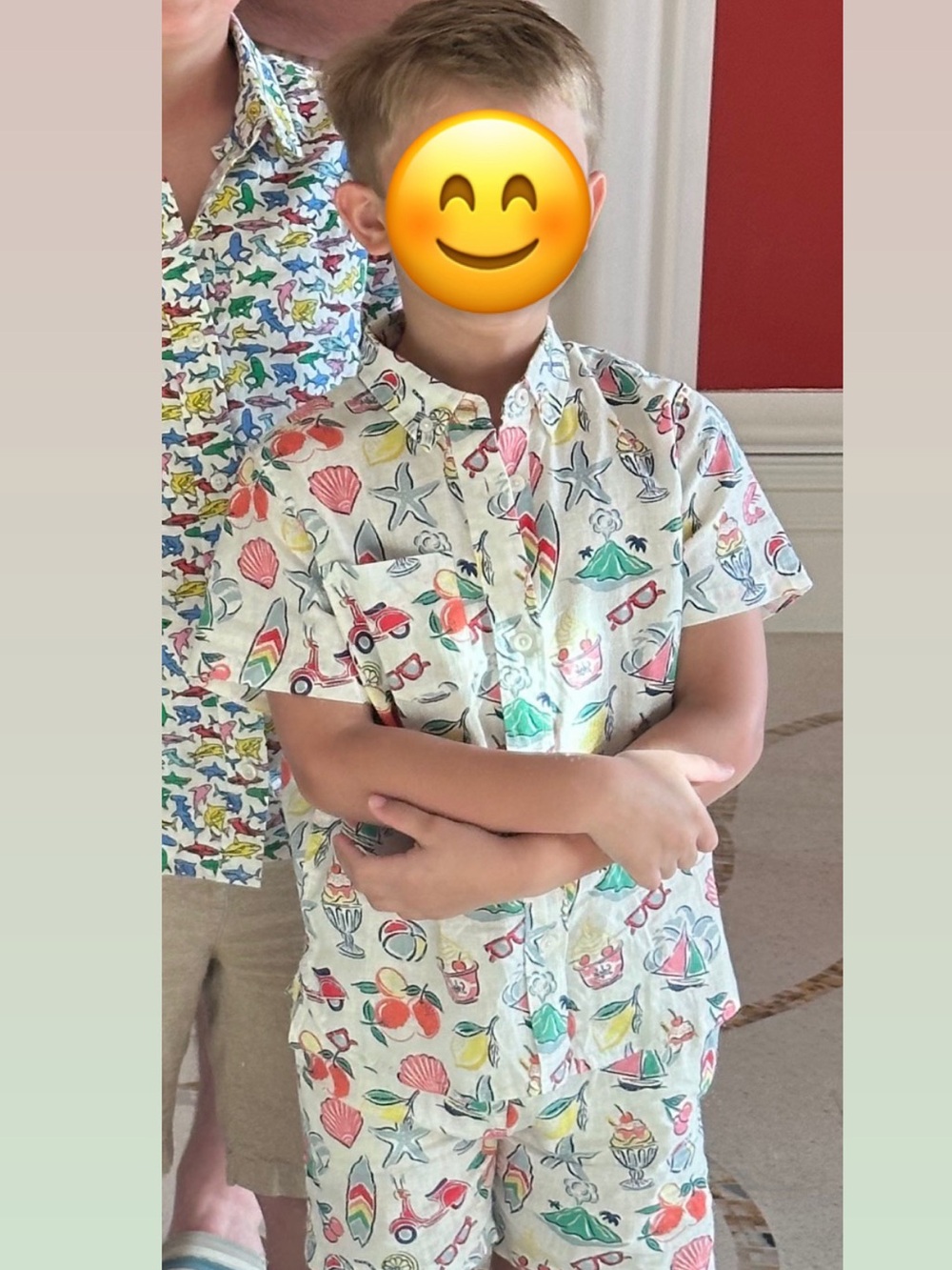 Mini Boden Short-Sleeve Button-Down with Matching Shorts Colorful Beach Print